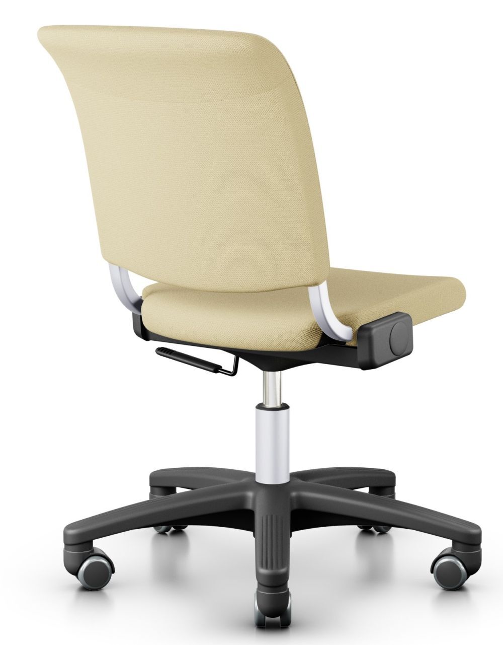 Ergonomischer Bürostuhl in Beige, Rückansicht, mit verstellbarer Sitzhöhe und schwarzem Rollenfuß.