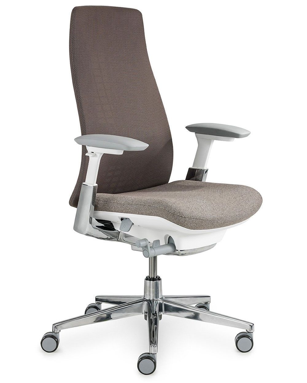 Ergonomischer Bürostuhl mit hoher Rückenlehne, gepolsterter Sitzfläche und verstellbaren Armlehnen auf einem Drehfuß.