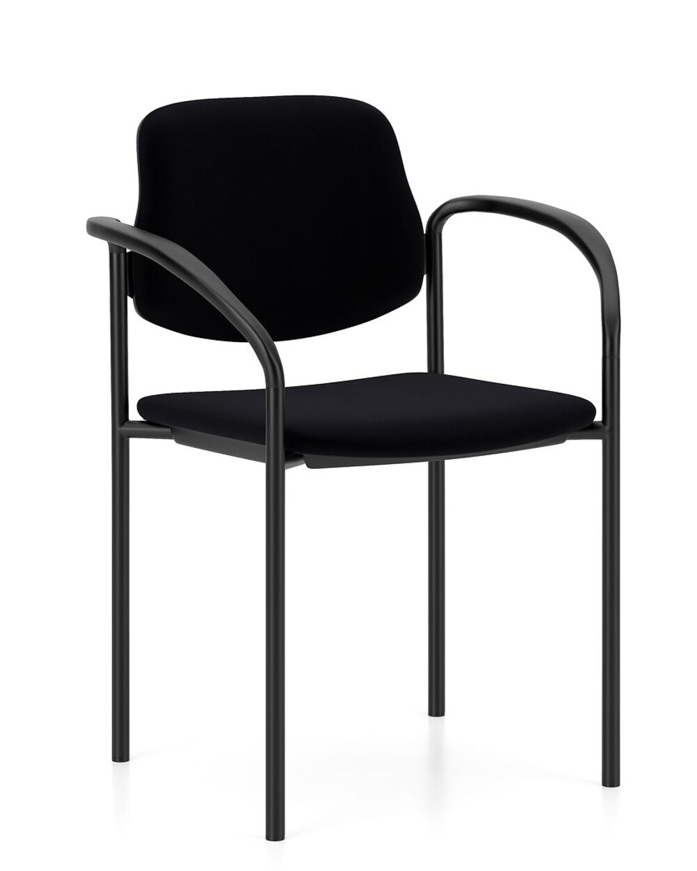 Moderner, schwarzer Bürostuhl mit gepolstertem Sitz und Rückenlehne, auf einem stabilen Metallrahmen.