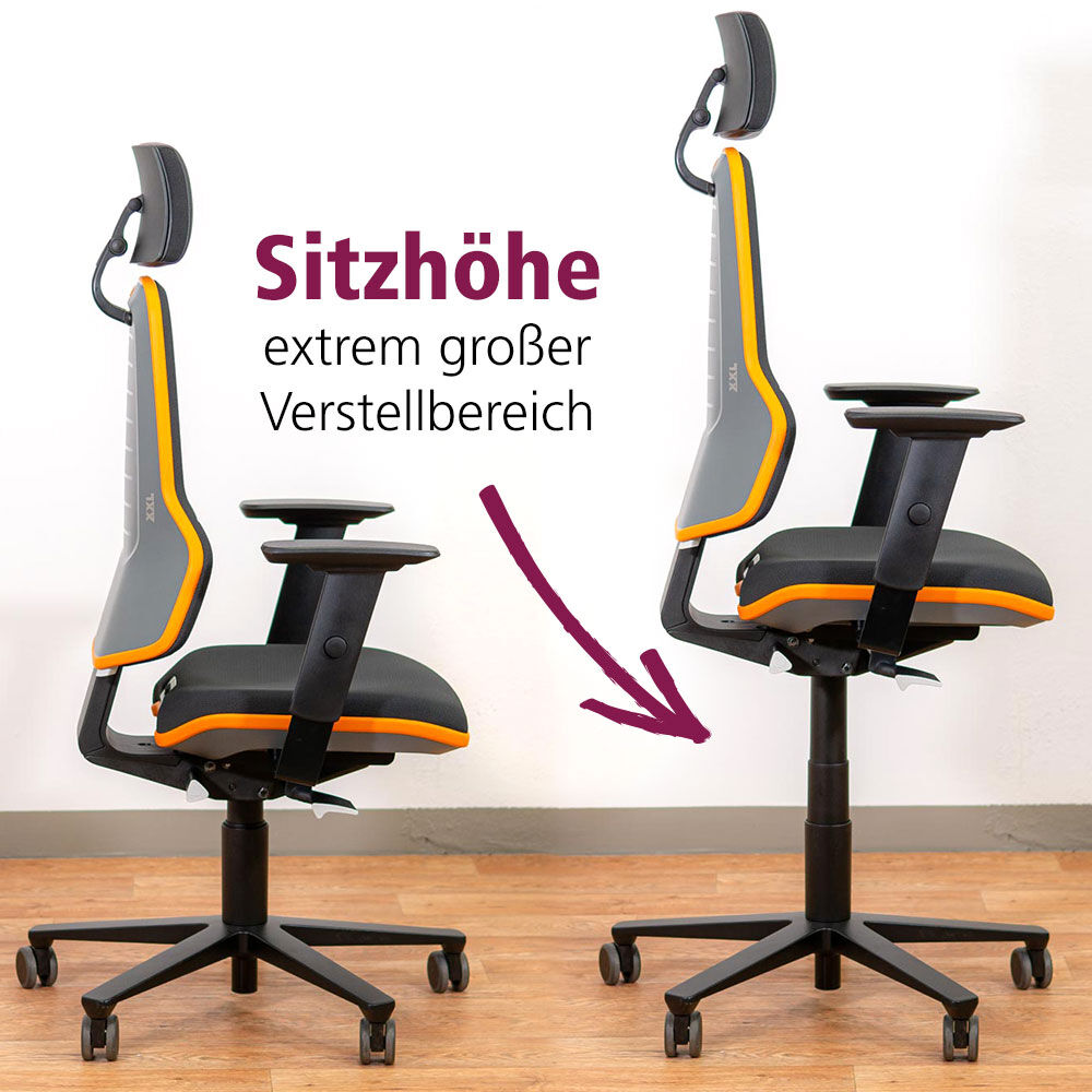 Zwei ergonomische Bürostühle mit verstellbarer Sitzhöhe, hervorgehobene Funktion zur Anpassung an verschiedene Körpergrößen.