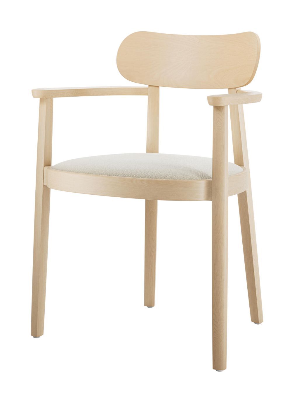 Moderner Holzstuhl mit Armlehnen, helle Polsterung und abgerundete Rückenlehne, ideal für ergonomisches Sitzen.