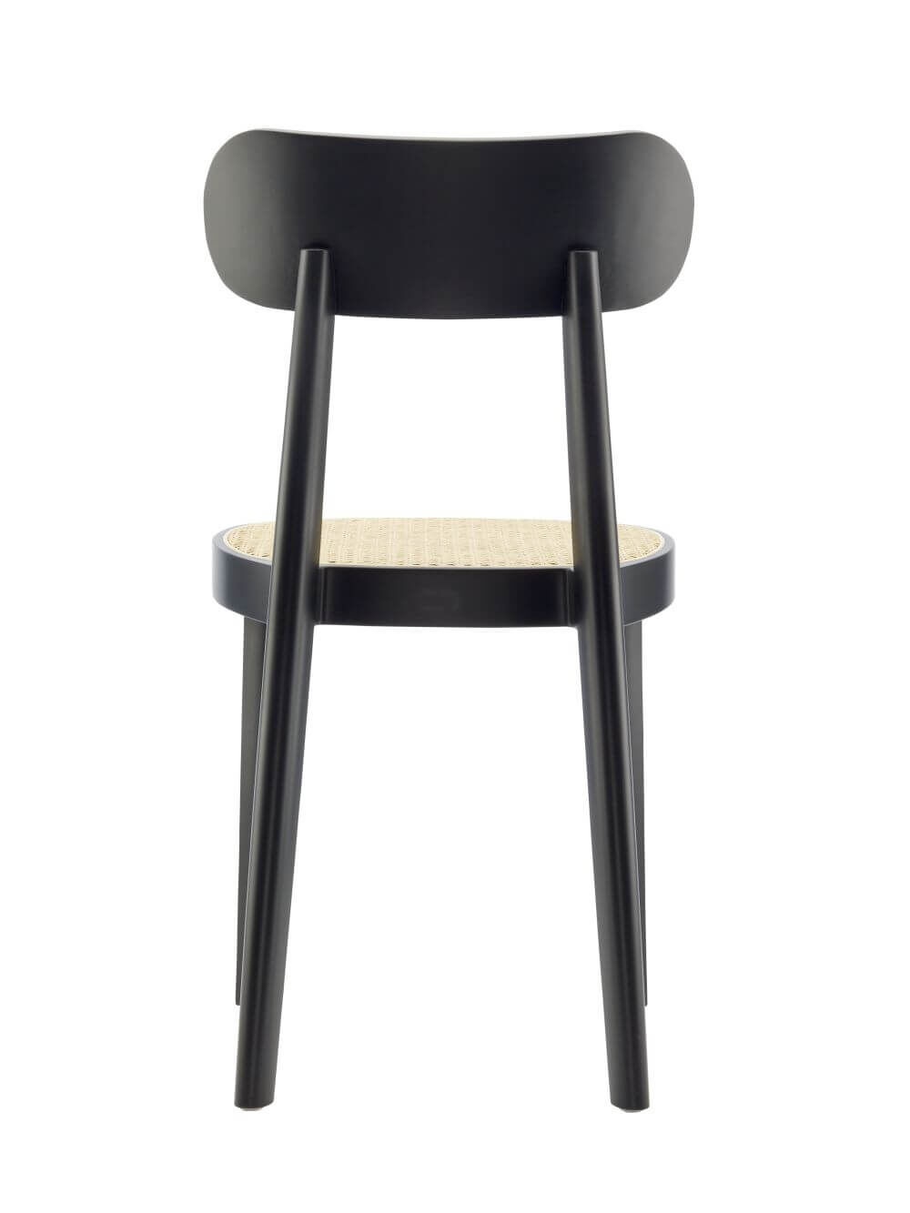 Rückansicht eines modern gestalteten schwarzen Stuhls mit gebogenem Holz und geflochtener Sitzfläche.
