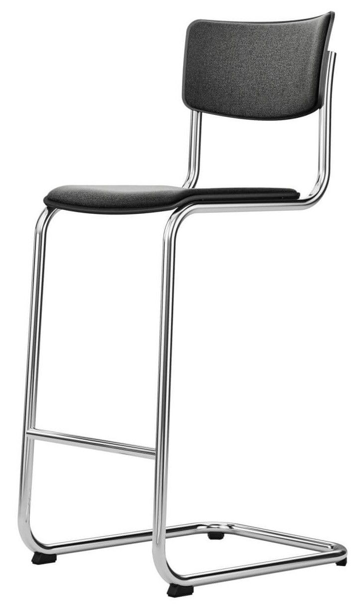 Moderner Hocker mit schwarzem Polstersitz und gebogenem Metallrahmen, ideal für ergonomisches Sitzen.