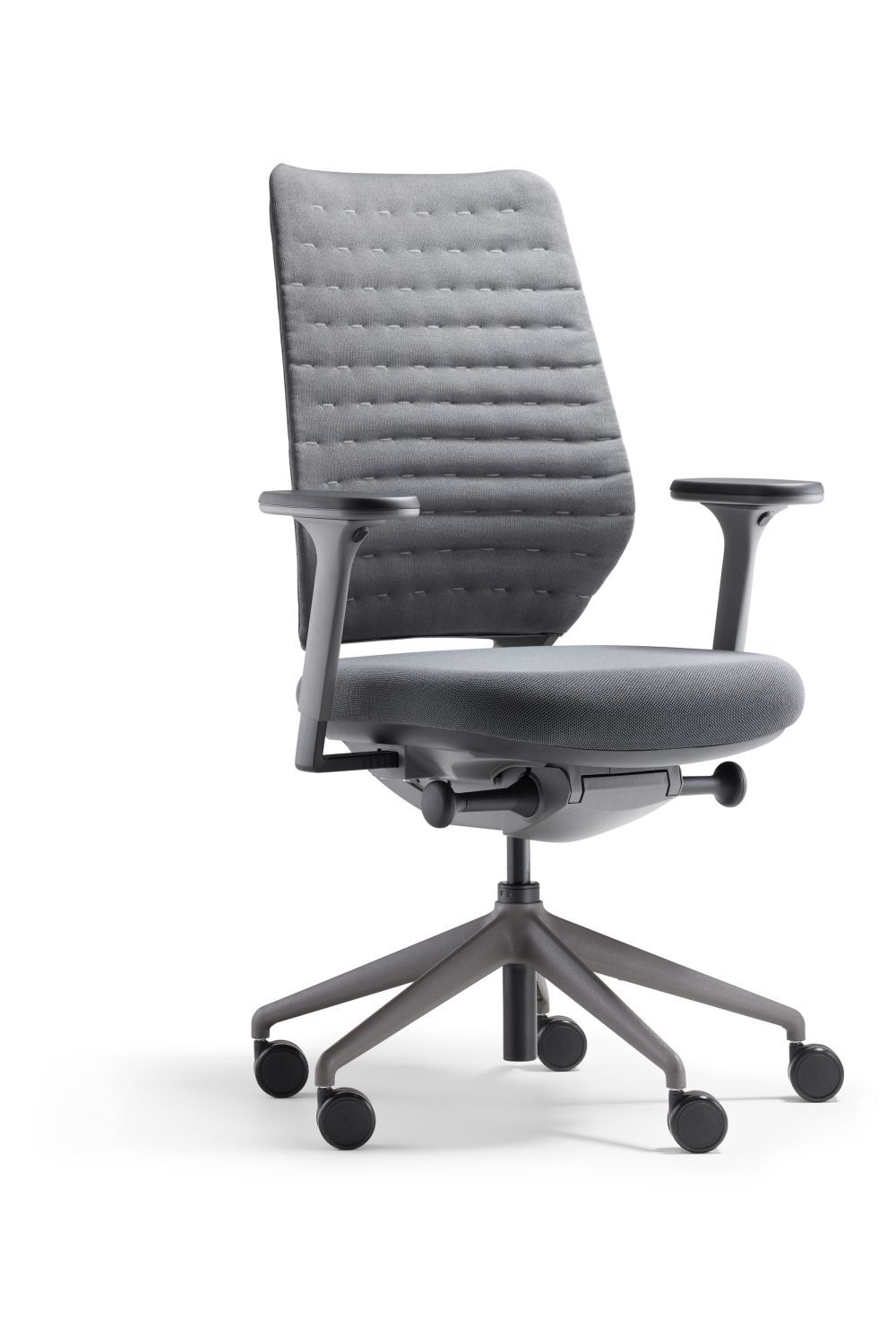 Grauer ergonomischer Bürostuhl mit gepolsterter Rückenlehne, Armlehnen und fünf Rollen für verbessertes dynamisches Sitzen.