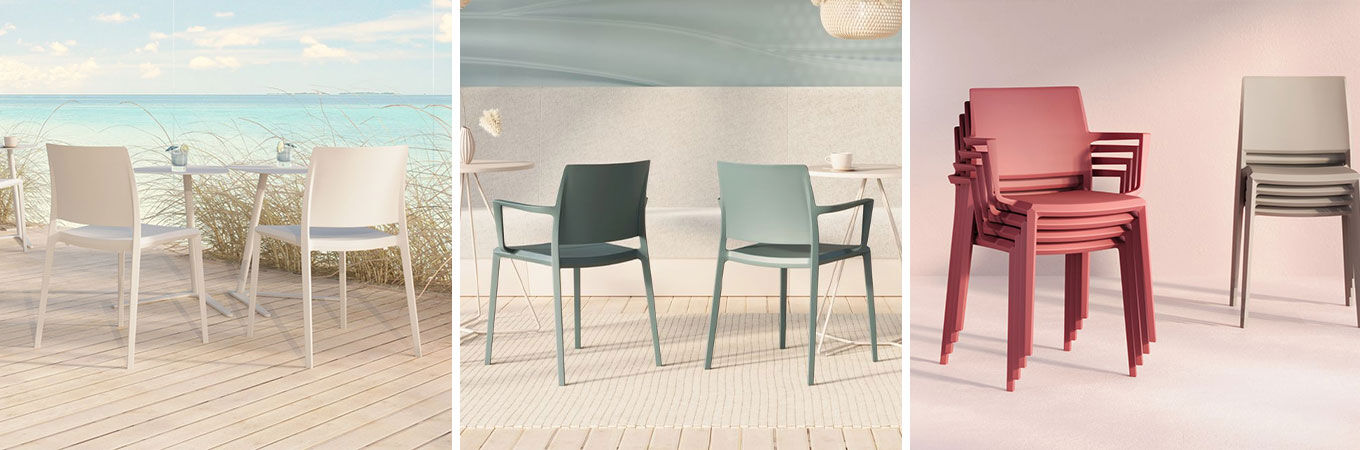 Drei Szenen mit stilvollen, farbigen Stühlen in Außen- und Innenräumen, zeigen modernes Design und Stapelbarkeit.