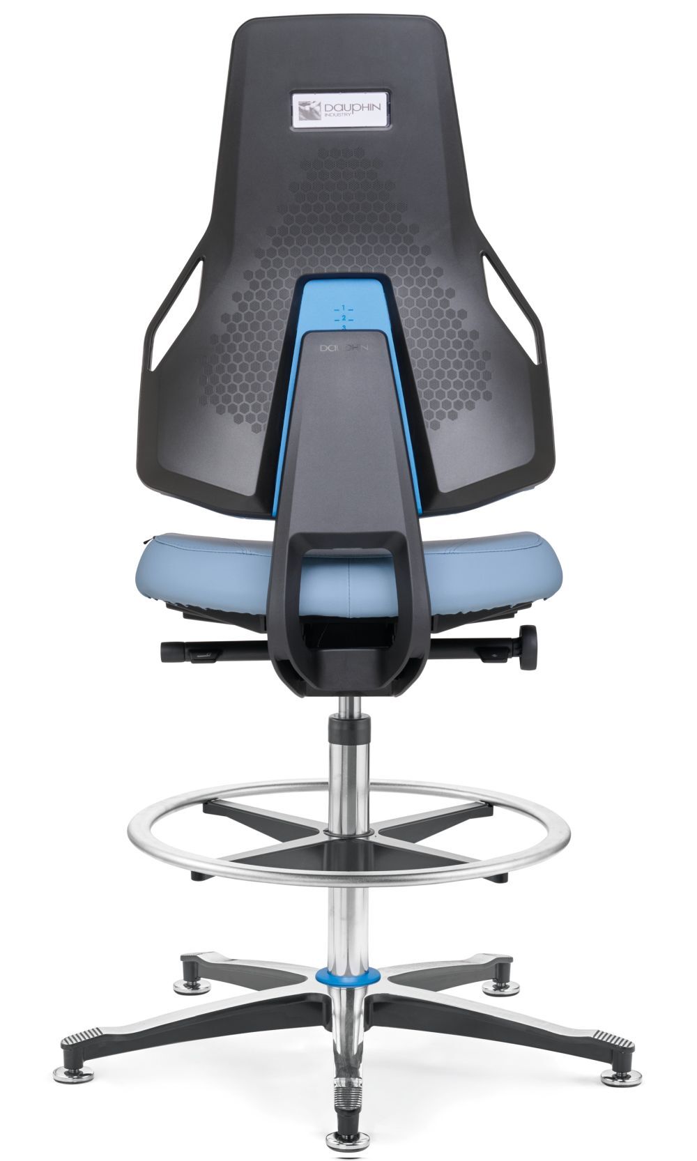 Ergonomischer Bürostuhl mit schwarzer Rückenlehne und blauer Sitzfläche auf drehbarem Fuß mit Fußstütze.