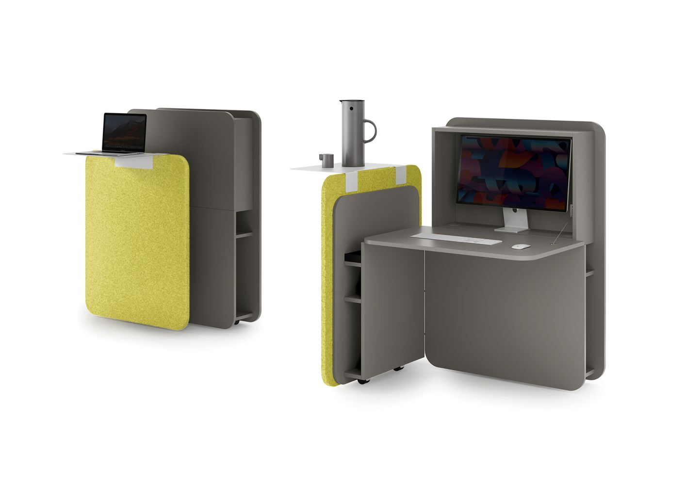 Moderner, grauer Klappschreibtisch mit gelber Polsterung, ausgeklappt mit Monitor und Tastatur, kompakt und ergonomisch.