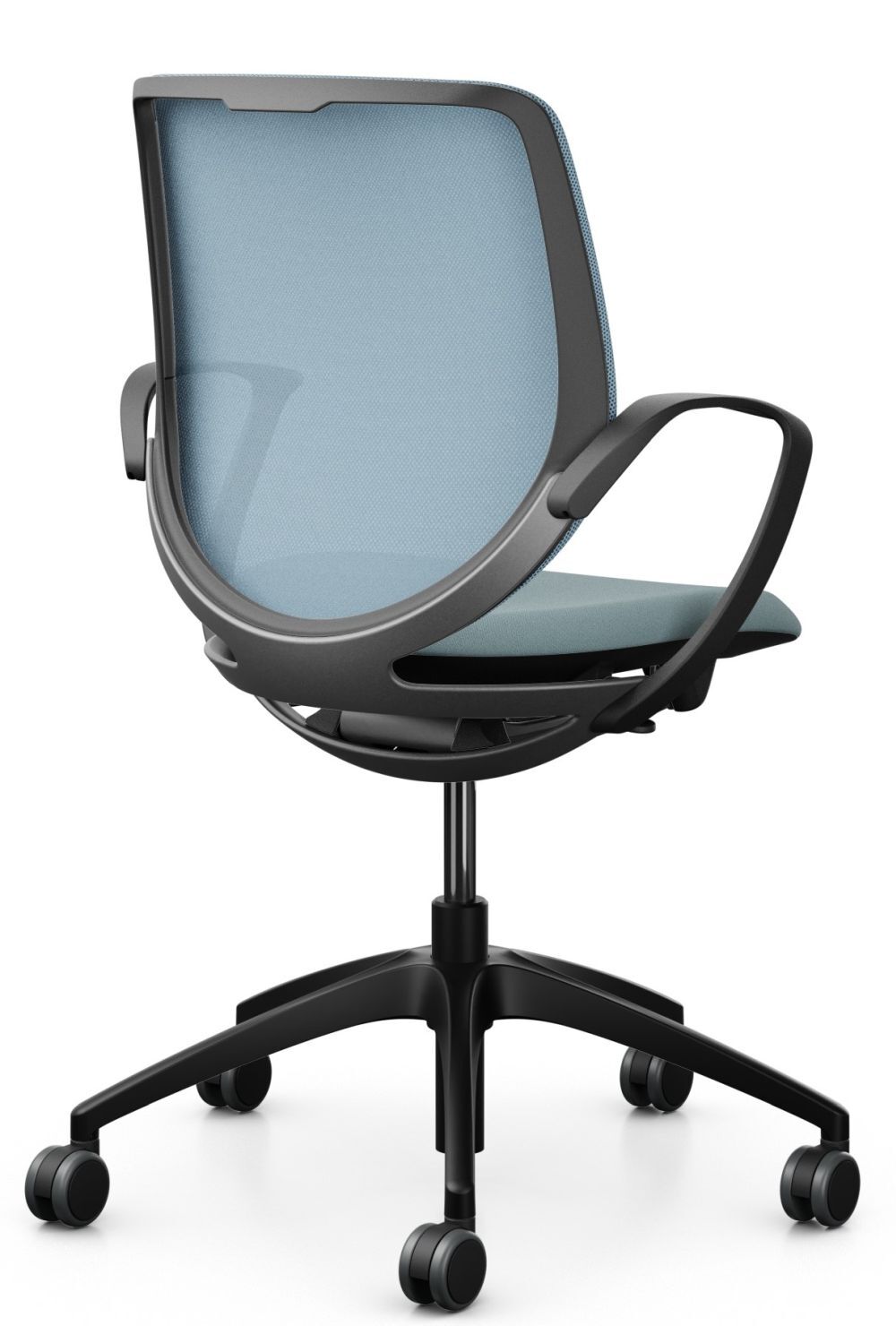 Hochwertiger ergonomischer Bürostuhl mit blauer Netzrückenlehne und schwarzem Drehfuß, ideal für dynamisches Sitzen.