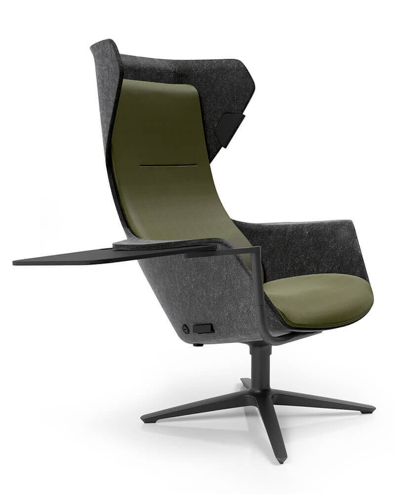 Moderner ergonomischer Bürostuhl mit schwenkbarem Tisch, hohem Rücken und olivgrünem Polster für dynamisches Sitzen.