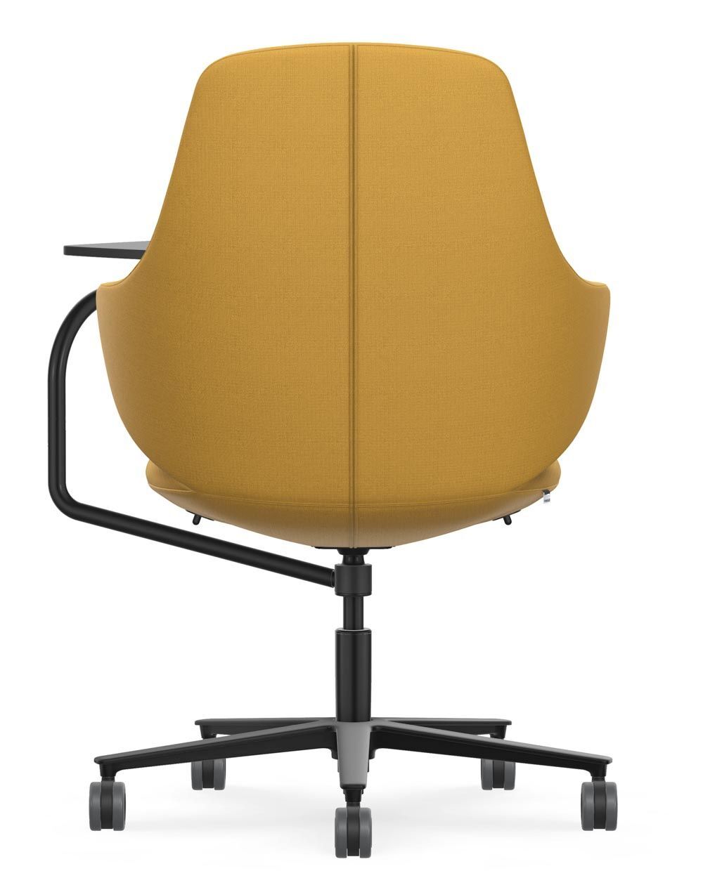 Ergonomischer Bürostuhl in Senfgelb, Rückansicht, mit beweglicher Basis und Rollen für dynamisches Sitzen.