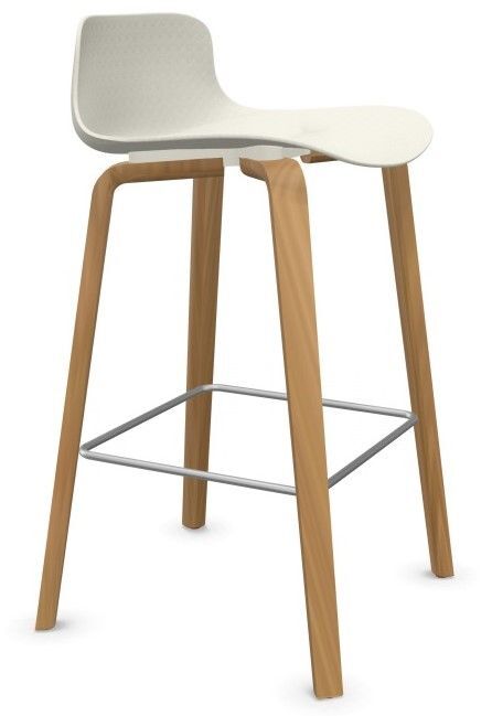 Moderner Barhocker mit weißem Sitz, Holzbeinen und Metallfußstütze, ideal für ergonomisches Sitzen.