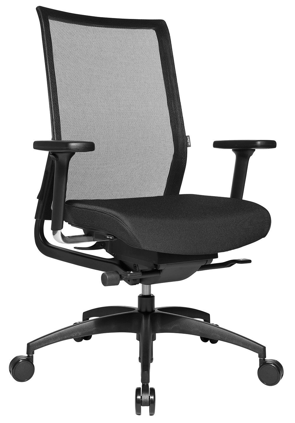Ergonomischer Bürostuhl mit Netzrückenlehne und verstellbaren Armlehnen, ideal für dynamisches Sitzen im Büro.