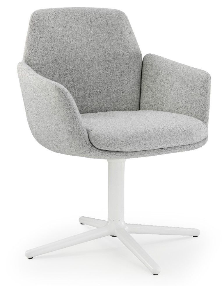 Grauer ergonomischer Bürostuhl mit moderner Form und weißem Drehgestell, ideal für dynamisches Sitzen.