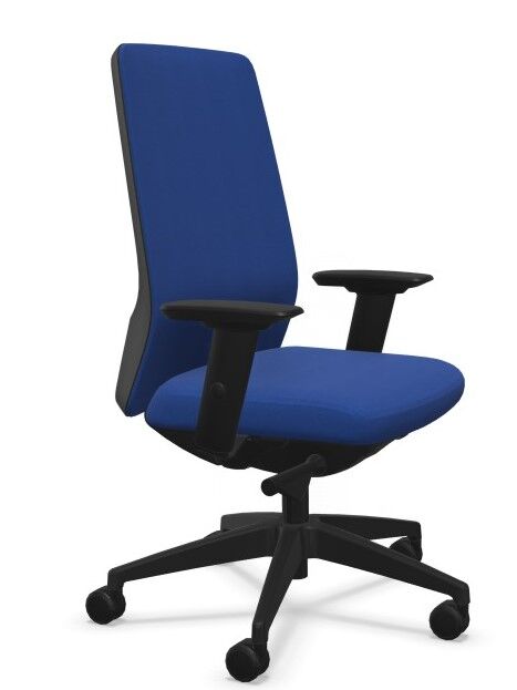 Ergonomischer blauer Bürostuhl mit verstellbaren Armlehnen und schwarzem Fußkreuz, fördert gesundes dynamisches Sitzen.