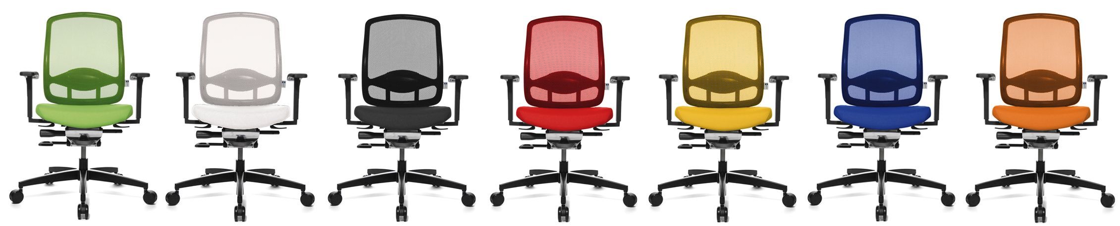 Sieben ergonomische Bürostühle in verschiedenen Farben: grün, grau, schwarz, rot, gelb, blau und orange.