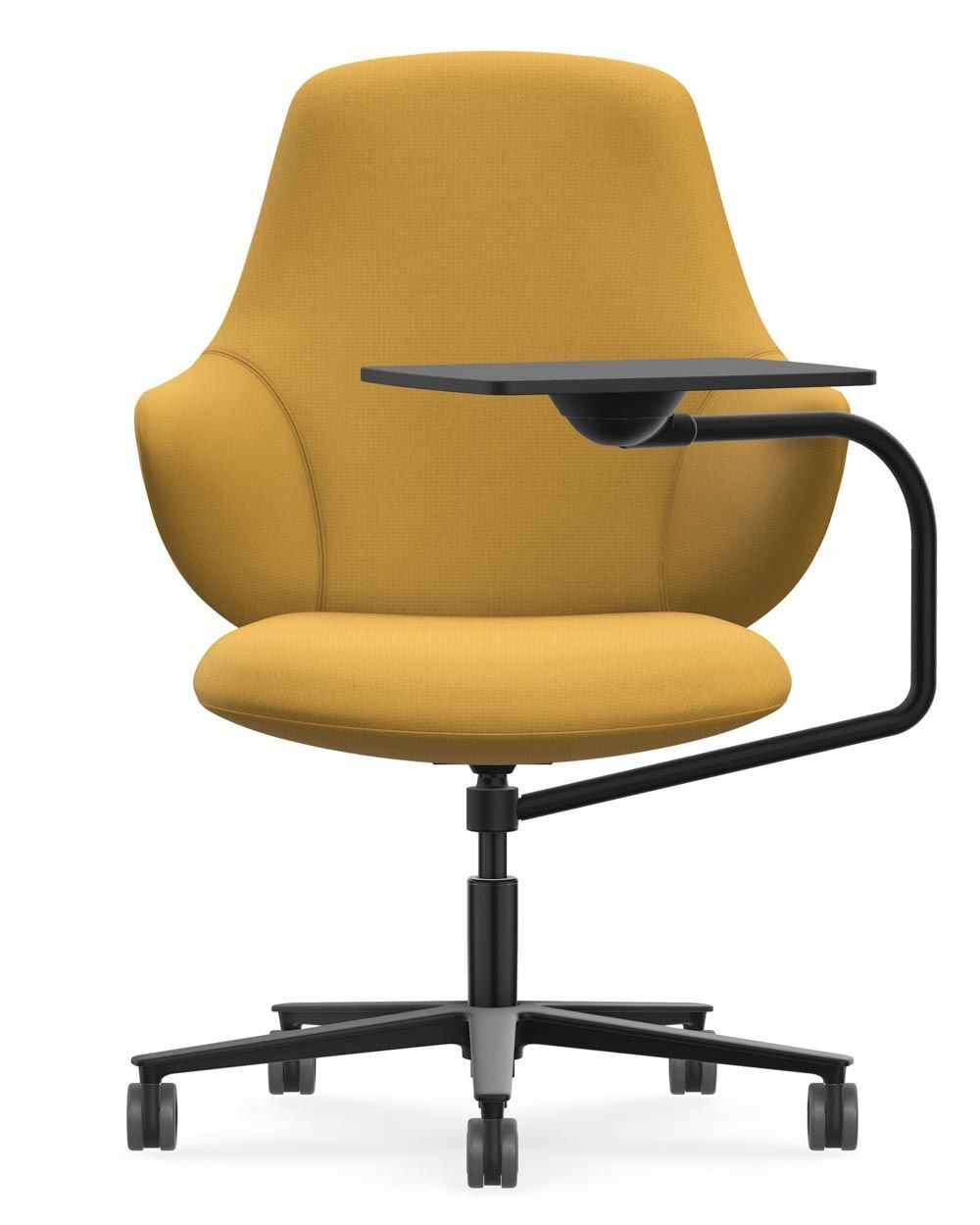 Ergonomischer gelber Bürostuhl mit gepolstertem Sitz, Rückenlehne und schwarzem, drehbarem Armlehnentisch.
