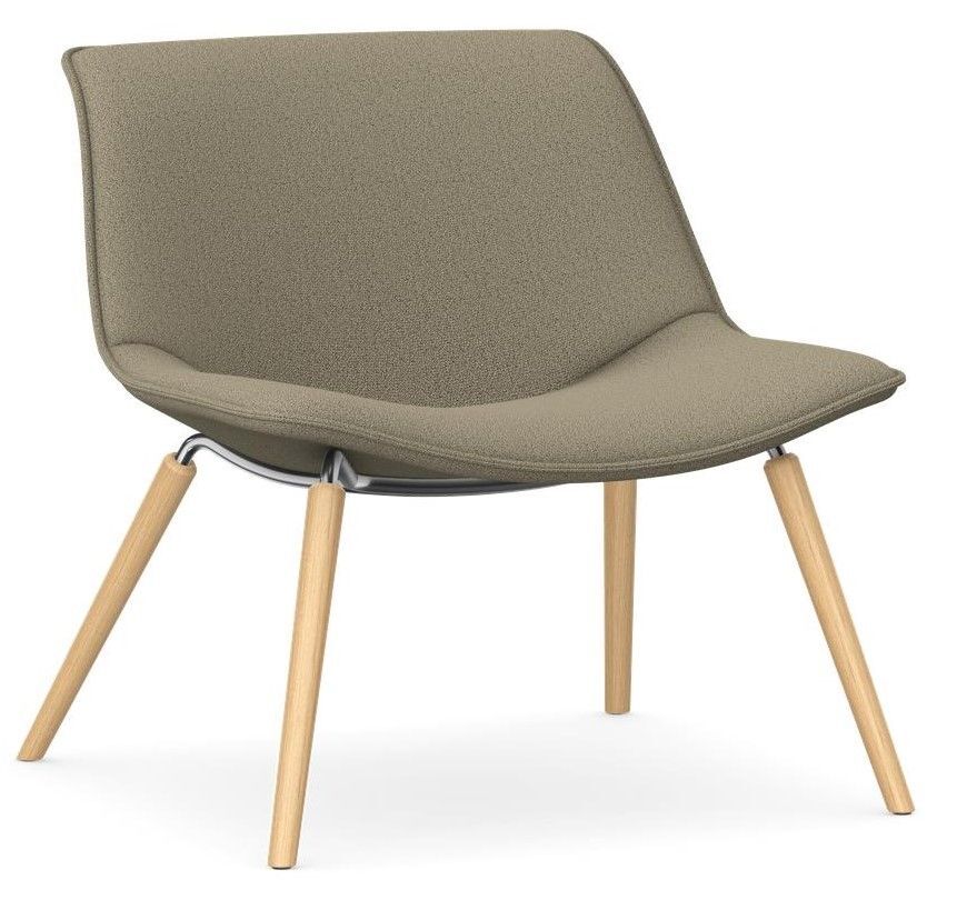Moderner ergonomischer Stuhl mit beigem Polster und Holzbeinen, ideal für dynamisches Sitzen.