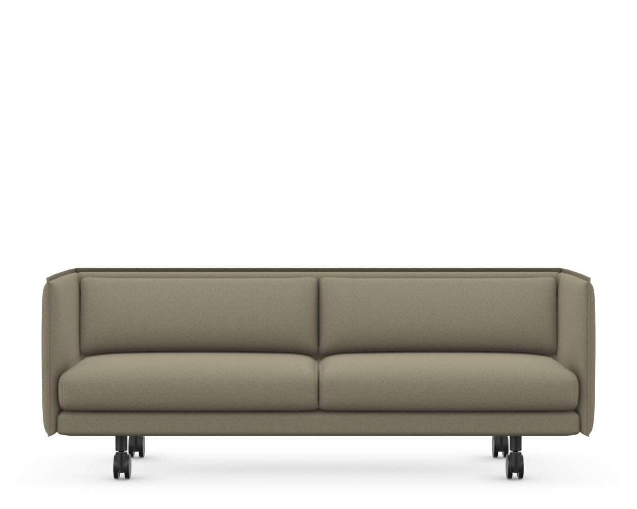 Modernes, graues Sofa mit Rollen für flexible Büro- oder Wohnraumnutzung, fördert dynamisches und bequemes Sitzen.