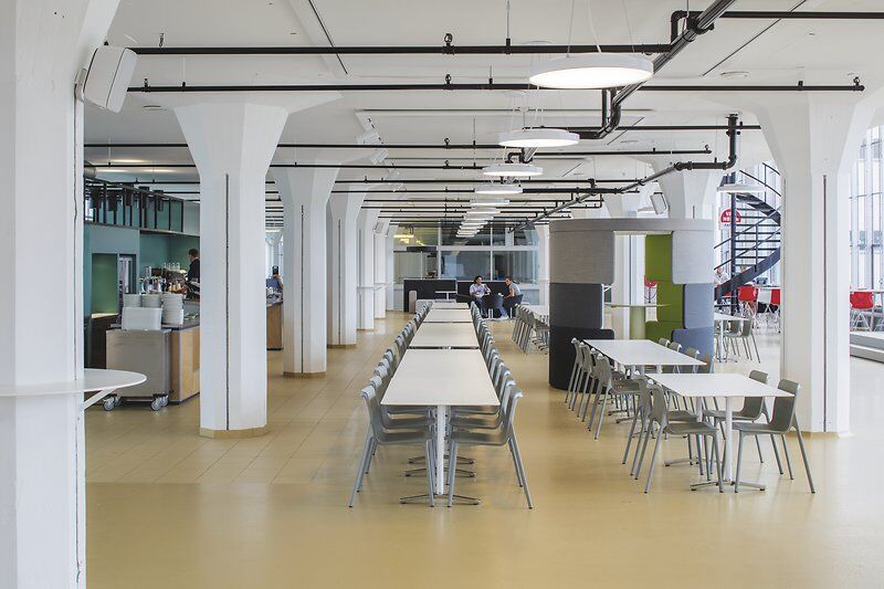 Offene, moderne Kantine mit langen Tischen, grauen Stühlen und großen Fenstern für natürliches Licht.
