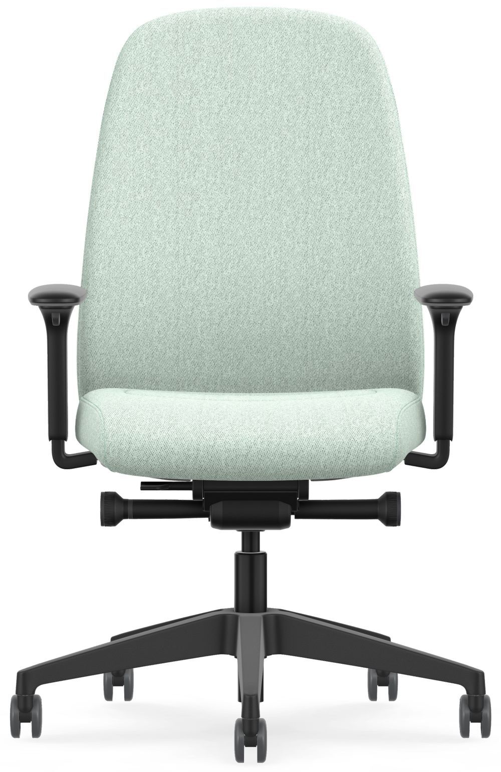Ergonomischer Bürostuhl in hellgrünem Stoff, verstellbare Armlehnen und Rollen für dynamisches Sitzen.