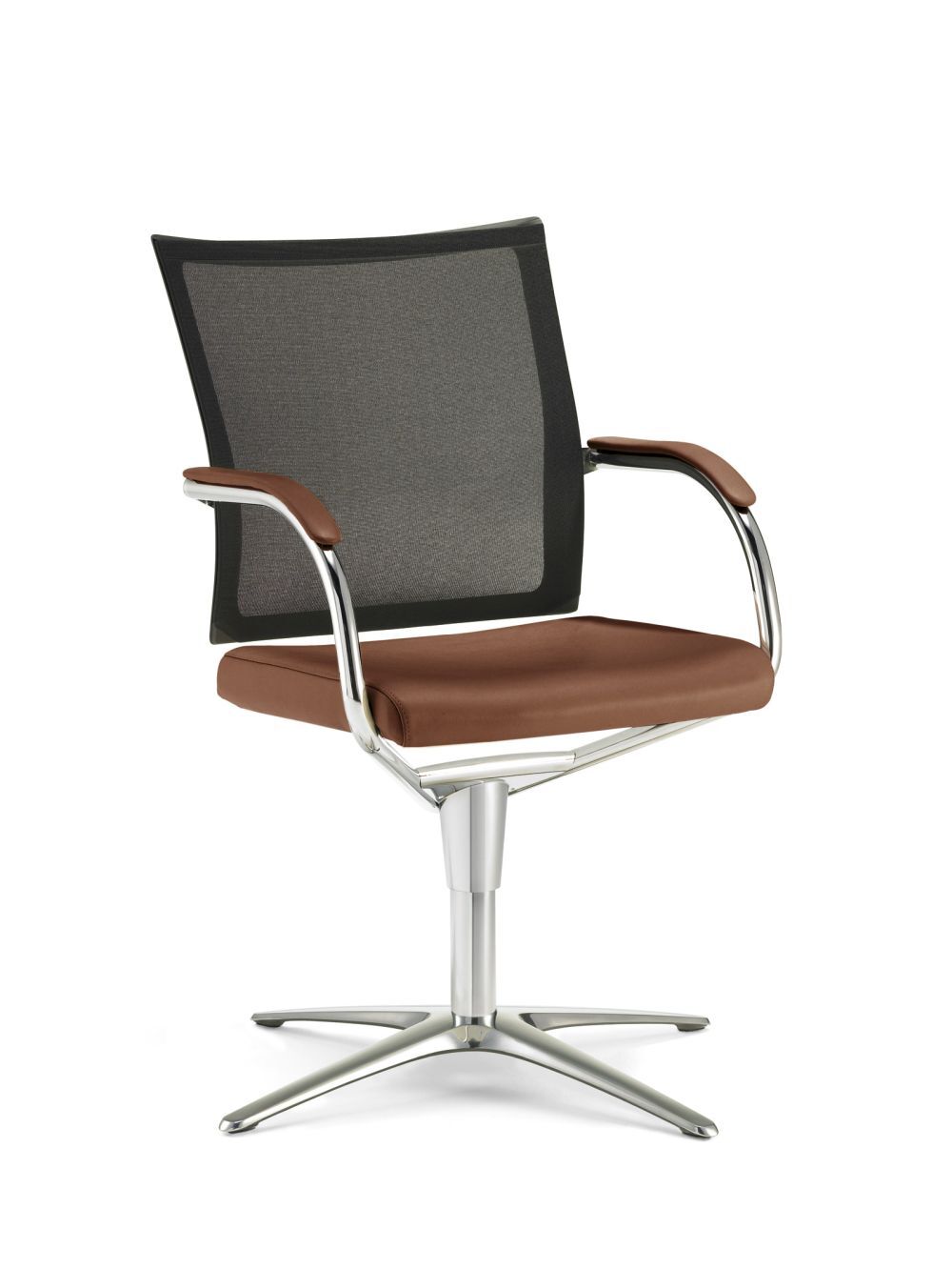 Ergonomischer Bürostuhl mit brauner Polsterung, Netzrückenlehne und Metallgestell, ideal für dynamisches Sitzen.