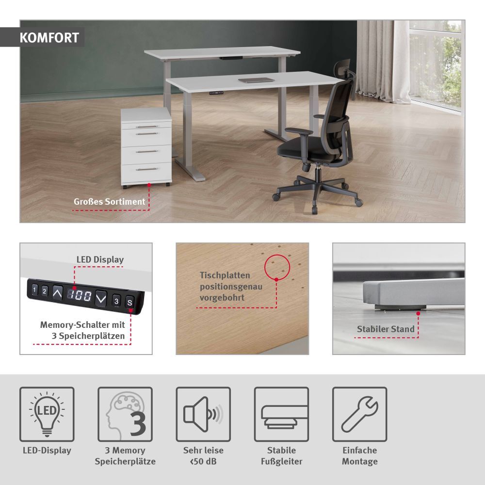 Ergonomischer Schreibtisch mit höhenverstellbarer Funktion, LED-Display und komfortablem Bürostuhl in modernem Büro.