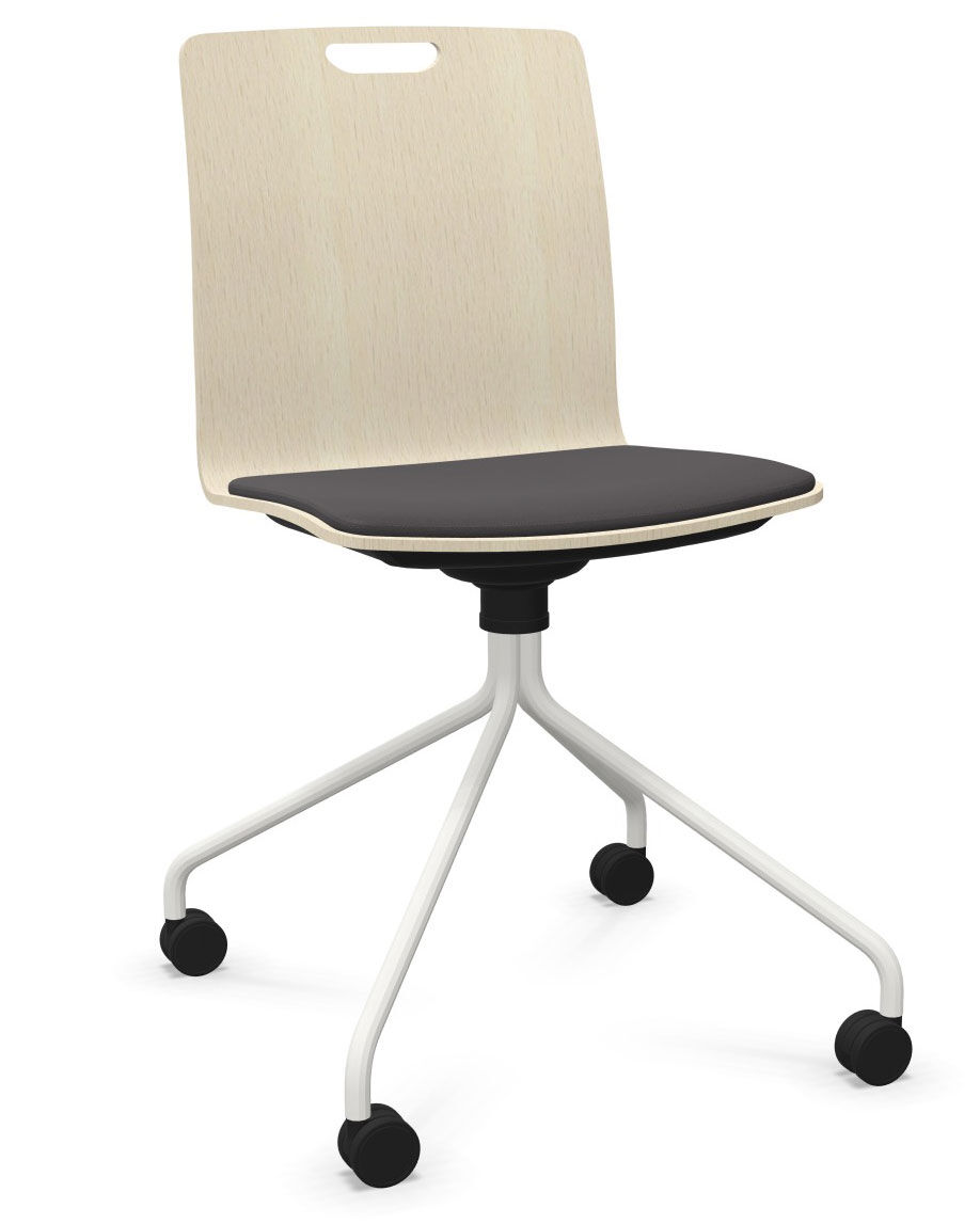 Moderner ergonomischer Bürostuhl mit Holzlehne und gepolstertem Sitz, auf rollenbezogener weißen Metallbasis.