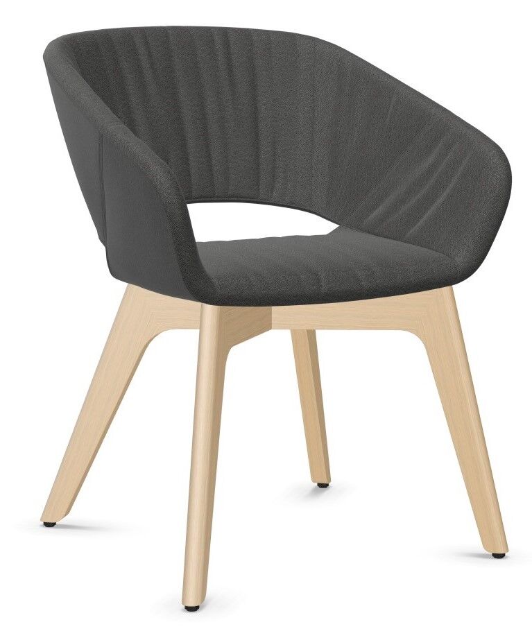 Moderner ergonomischer Stuhl mit dunkelgrauem Sitzpolster und hellen Holzbeinen, fördert bewegtes Sitzen.