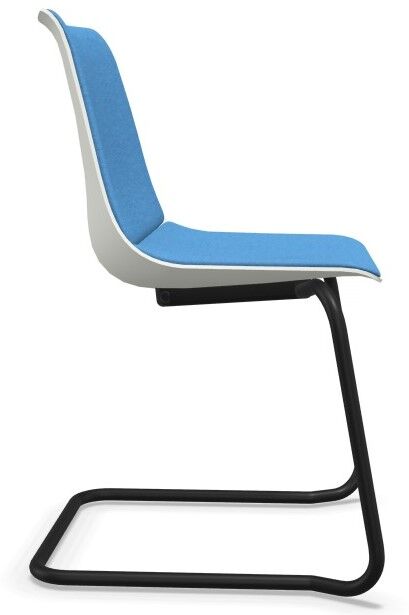 Moderner Schalenstuhl mit blauem Polster, ergonomisch gestaltet, auf schwarzem Freischwingergestell für dynamisches Sitzen.