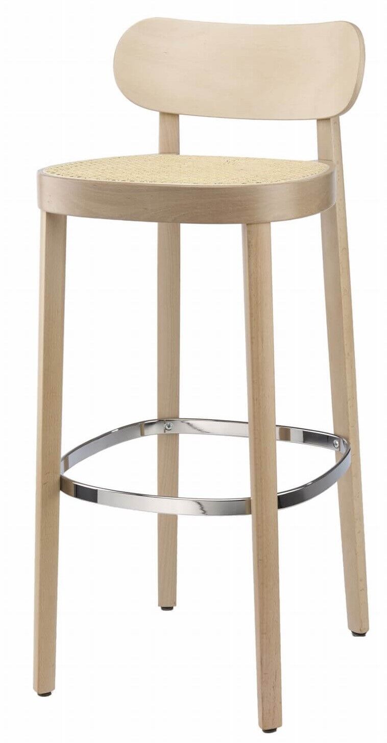 Moderner Holzbarhocker mit hellem Sitz und ergonomischer Rückenlehne für komfortables Sitzen.