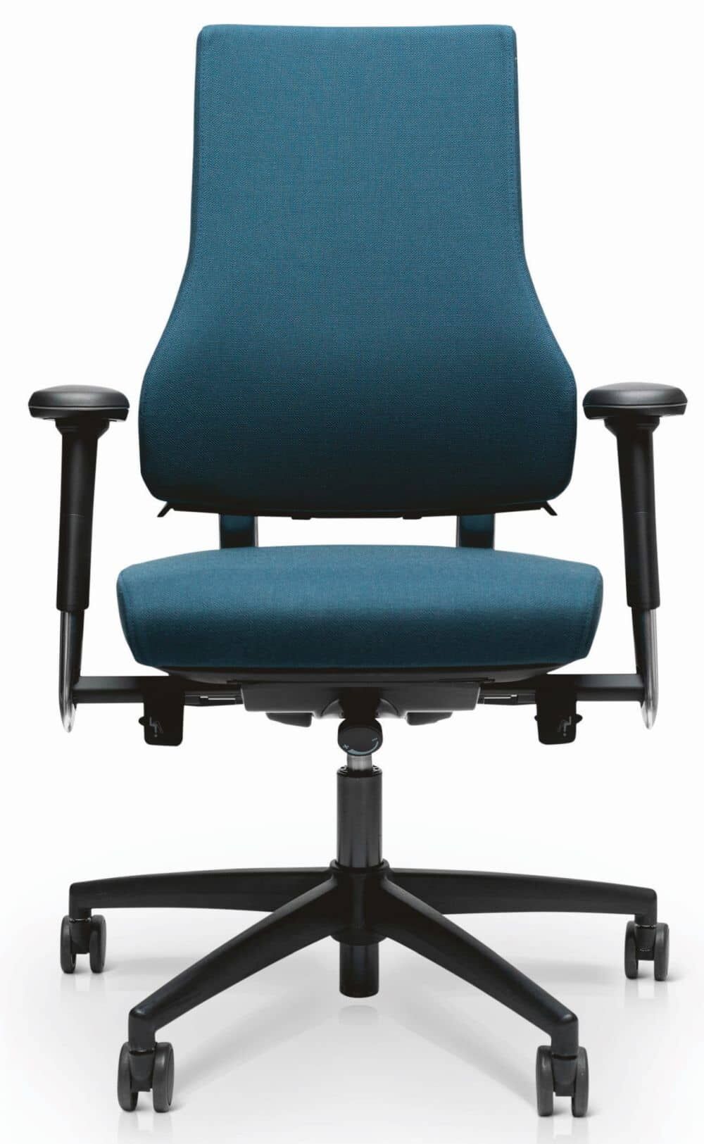 Moderner ergonomischer Bürostuhl in Blau mit verstellbaren Armlehnen und flexiblem Sitzmechanismus.