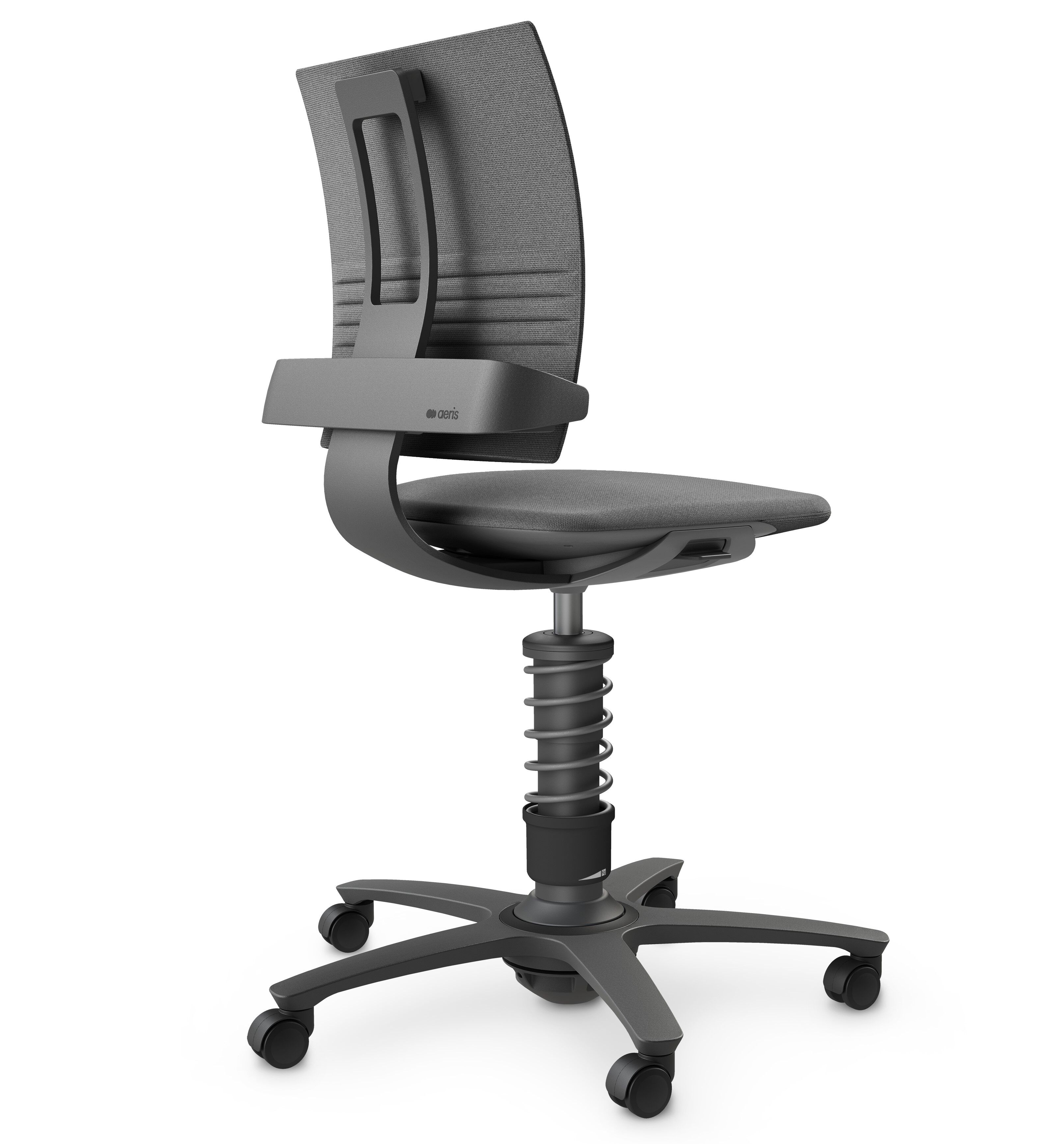 Grauer ergonomischer Bürostuhl mit dynamischer Federung und verstellbarer Rückenlehne auf Rollenbasis.