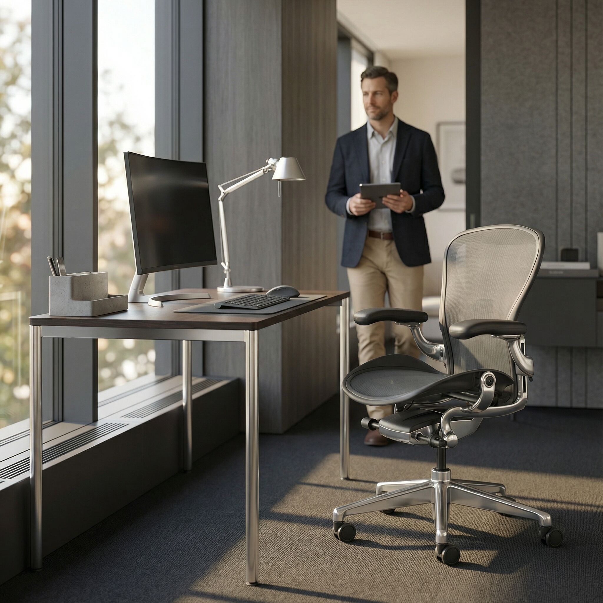 Moderner Bürostuhl und Schreibtisch mit Computer und Lampe, Mann mit Tablet im Hintergrund stehend.