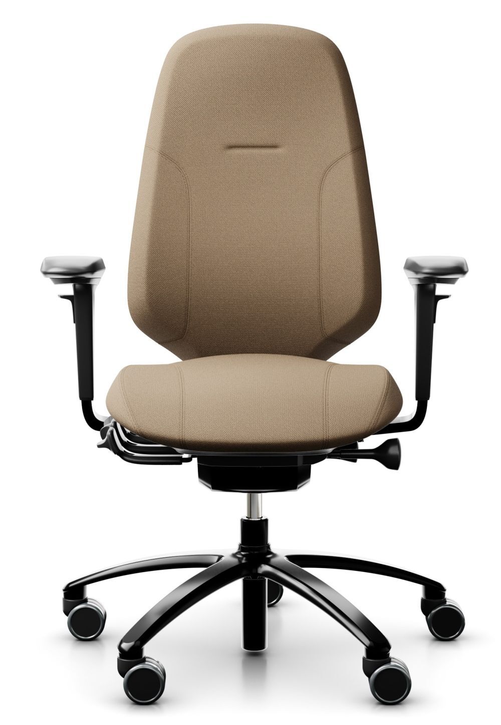 Ergonomischer Bürostuhl mit braunem Bezug, verstellbaren Armlehnen und Rollfüßen für komfortables Arbeiten und dynamisches Sitzen.