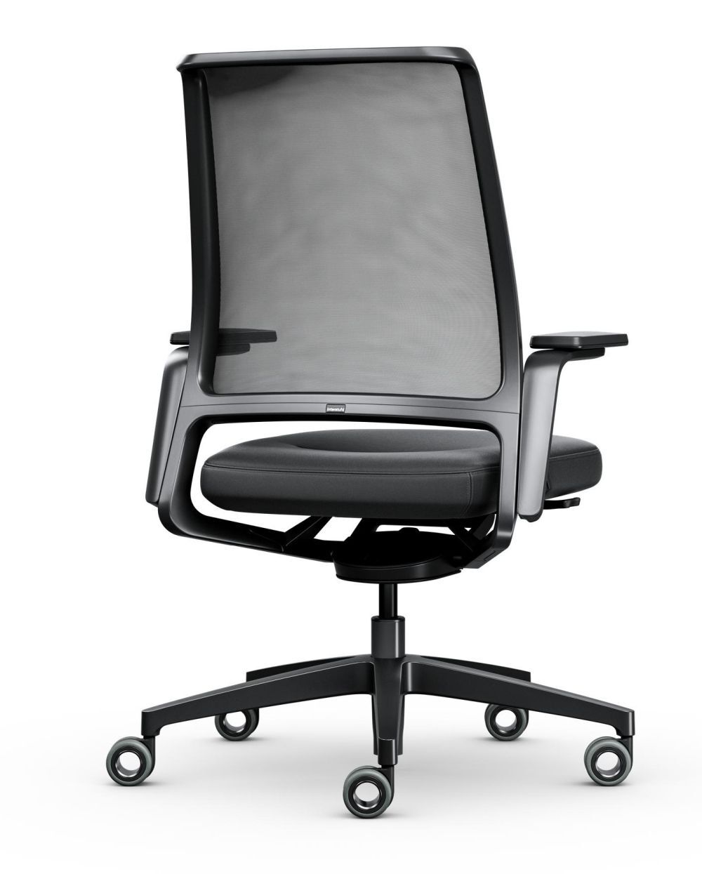 Ergonomischer Bürostuhl mit atmungsaktiver Netzrückenlehne und gepolstertem Sitz, auf Rollen, seitliche Ansicht.