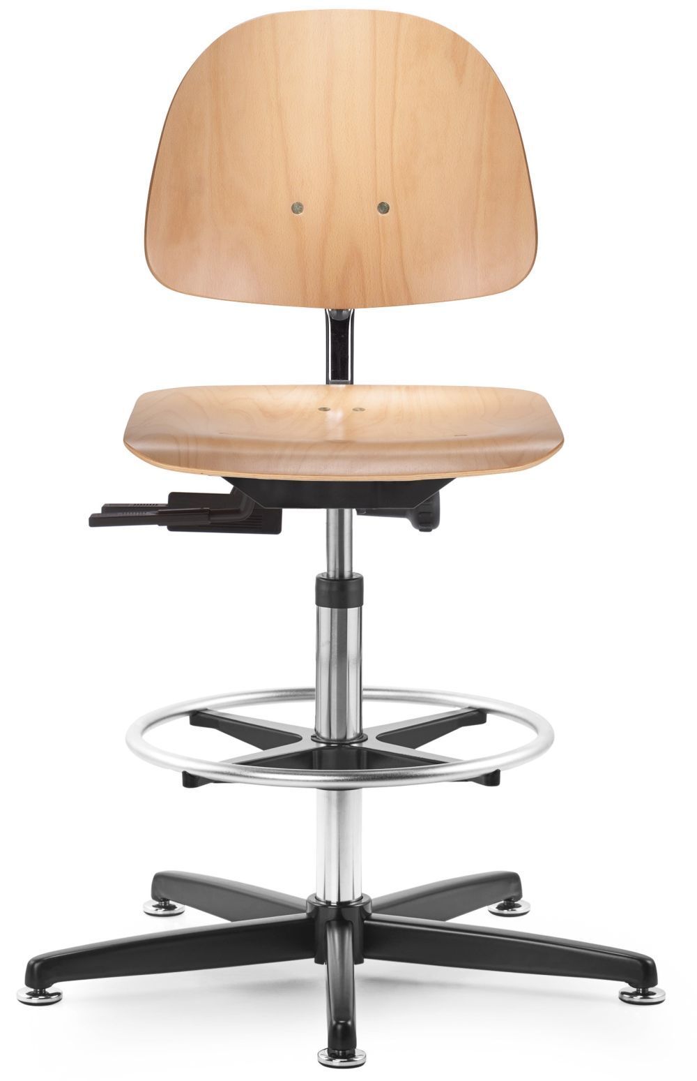 Ergonomischer Bürostuhl mit Holzsitz und verstellbarer Fußstütze auf einem Metall-Drehgestell.