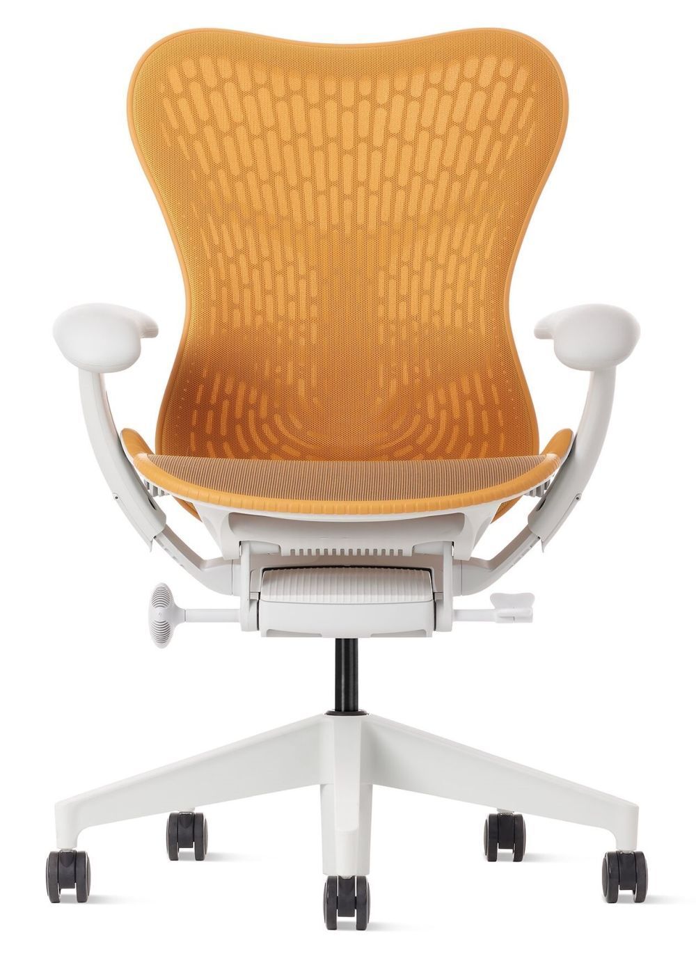 Ergonomischer Bürostuhl mit orangefarbenem Netzrücken und weißen Armlehnen, verstellbar für dynamisches Sitzen.