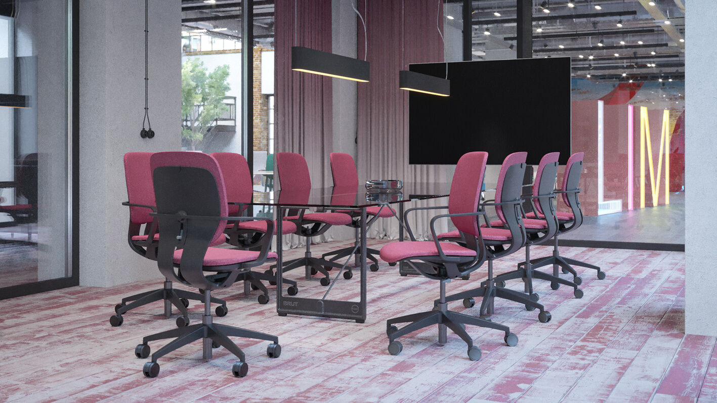 Moderner Konferenzraum mit pinken ergonomischen Bürostühlen und Glastisch, umgeben von großen Fenstern.