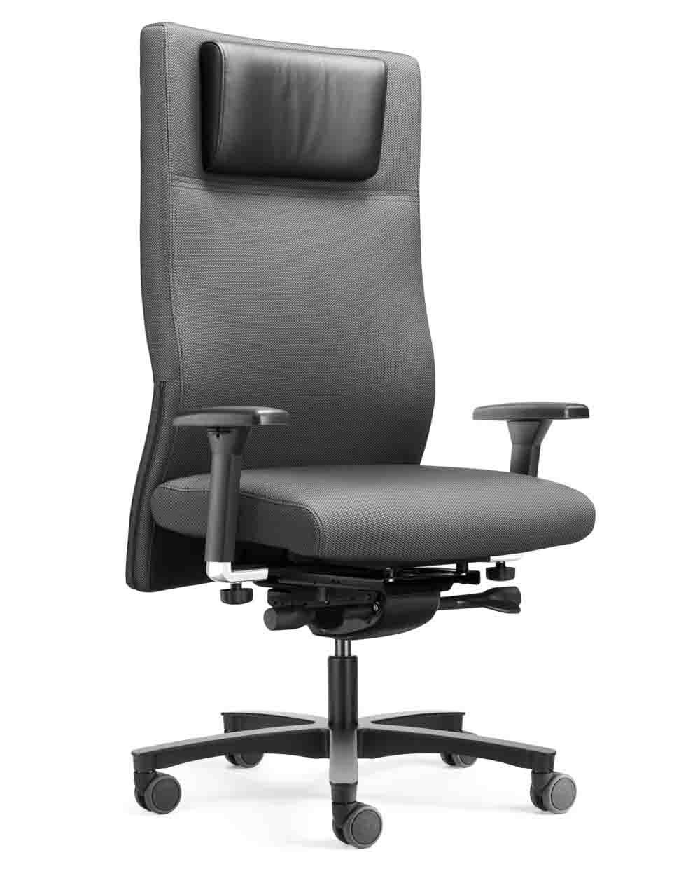 Ergonomischer Bürostuhl mit hoher Rückenlehne, gepolsterter Kopfstütze und verstellbaren Armlehnen für dynamisches Sitzen.