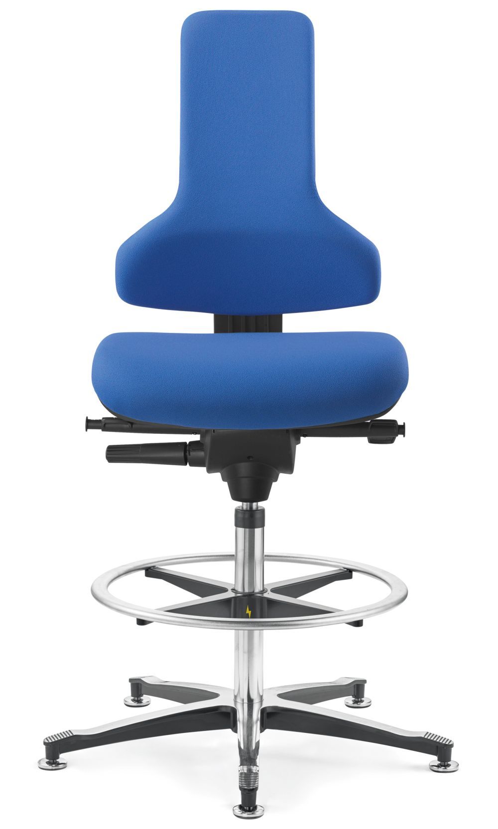 Ergonomischer blauer Bürodrehstuhl mit verstellbarer Rückenlehne und Fußstütze auf einem robusten Metallfuß.