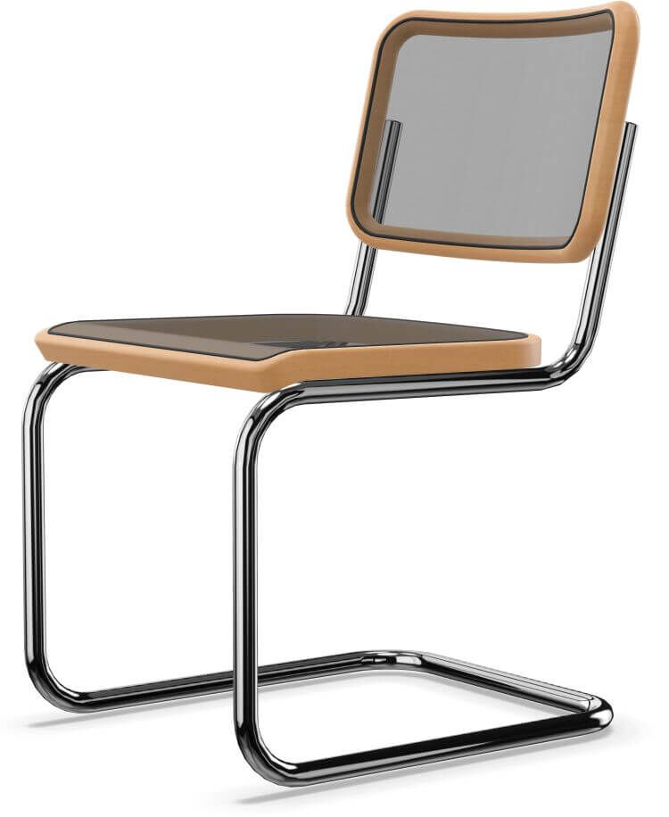 Moderner Freischwinger-Stuhl mit Chromrahmen, schwarzer Sitzfläche und Rückenlehne aus transparentem Material.