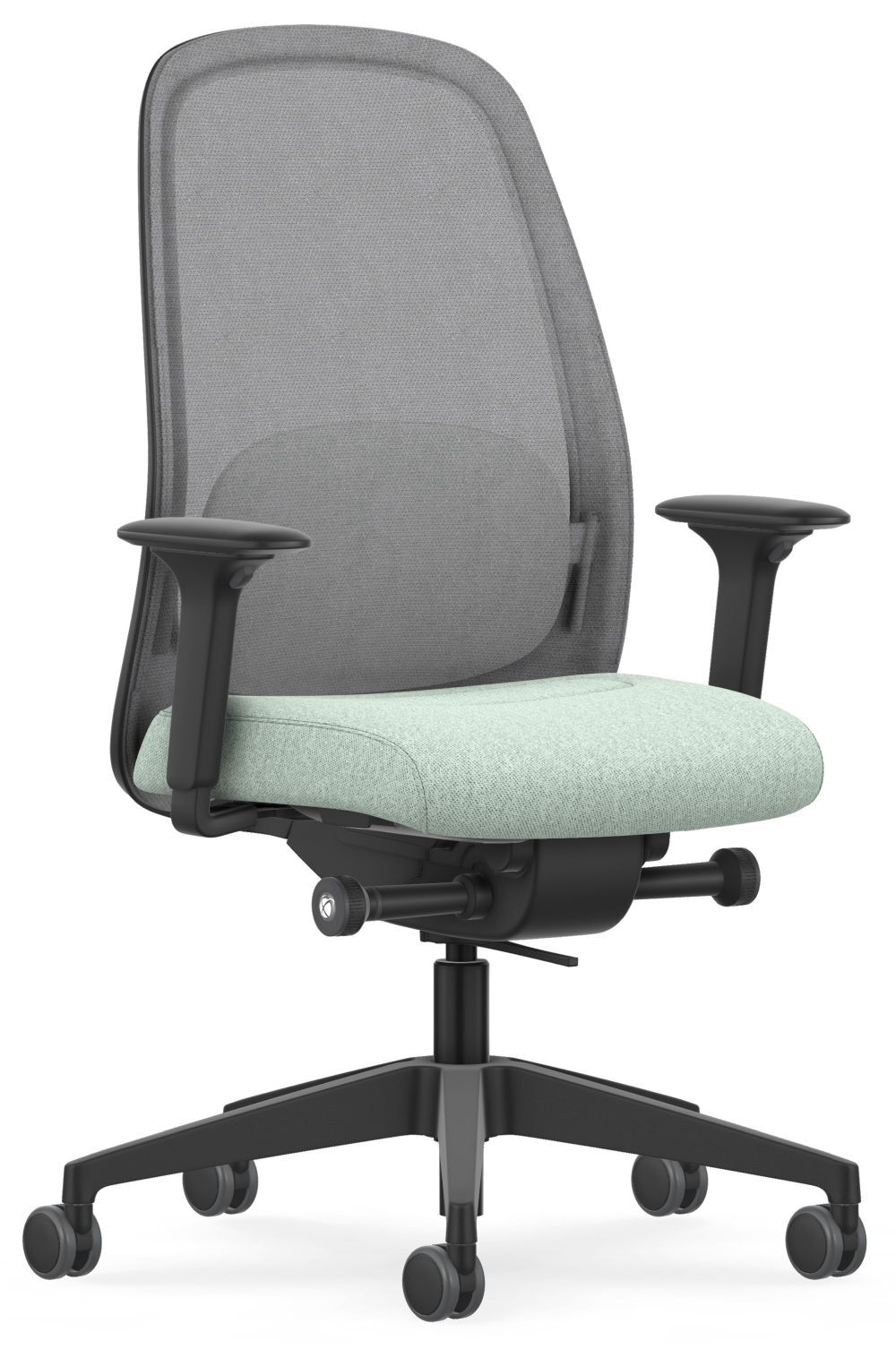 Ergonomischer Bürostuhl mit Netzrückenlehne und gepolstertem Sitz, verstellbaren Armlehnen und Rollen.