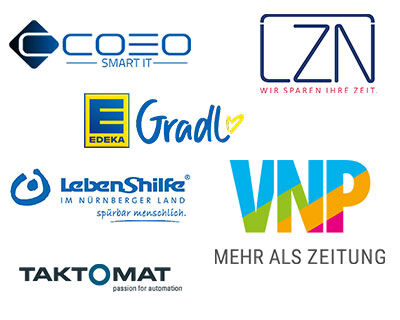 Logos von sechs verschiedenen Unternehmen: COEO, LZN, EDEKA Gradl, Lebenshilfe, VNP und TAKTOMAT.