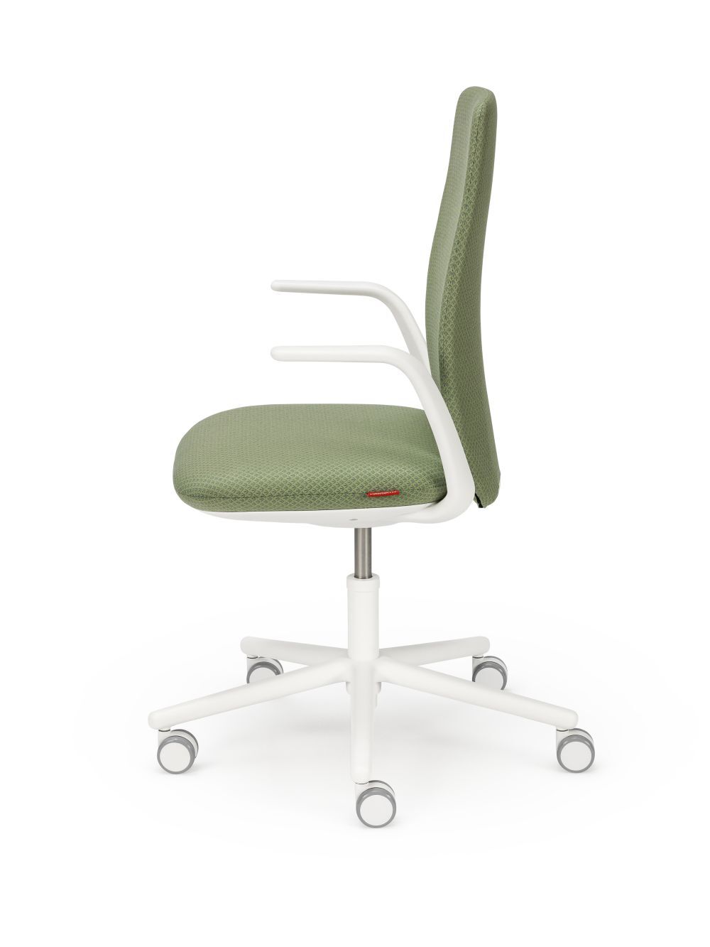 Moderner grüner ergonomischer Bürostuhl mit weißem Gestell und Rädern, seitliche Ansicht. Ideal für dynamisches Sitzen.