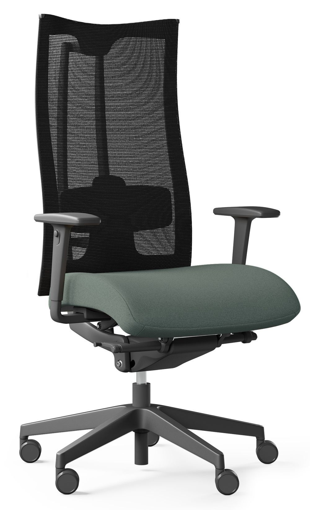 Ergonomischer Bürostuhl mit Netzrückenlehne und grüner Polstersitzfläche, ideal für dynamisches Sitzen.