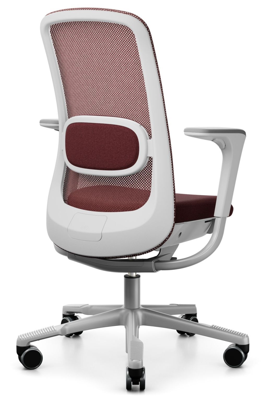 Ergonomischer Bürostuhl mit Netzrückenlehne, rotem Polster und weißen Details, ideal für gesundes Sitzen.