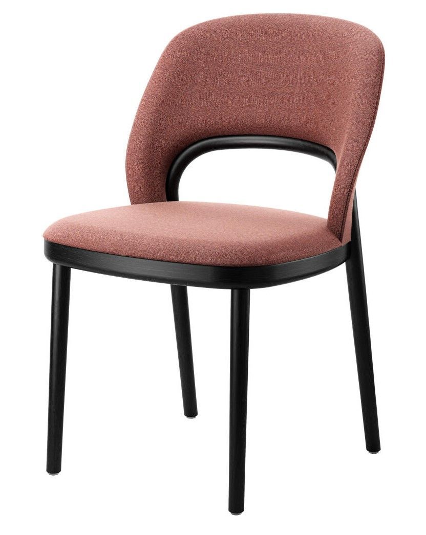 Moderner ergonomischer Stuhl mit rotem Stoffbezug und schwarzen Beinen, ideal für stilvolle Büros.