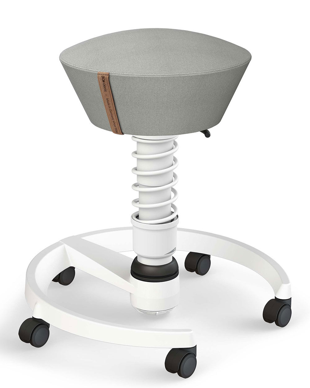 Ergonomischer Bürohocker mit grauer Sitzfläche, weißem Spiralgestell und Rollen für dynamisches Sitzen.