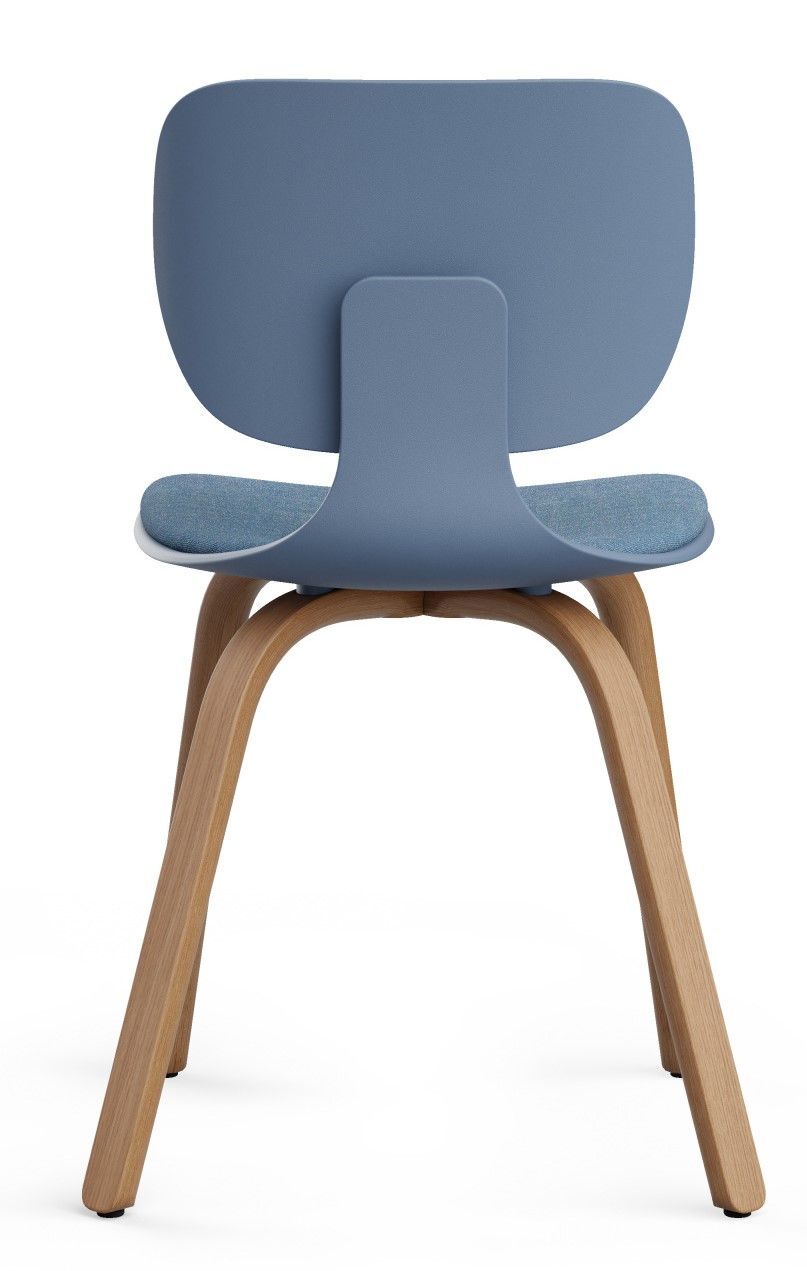 Blauer ergonomischer Stuhl mit hölzernen Beinen, für dynamisches Sitzen in Büro oder Homeoffice geeignet.