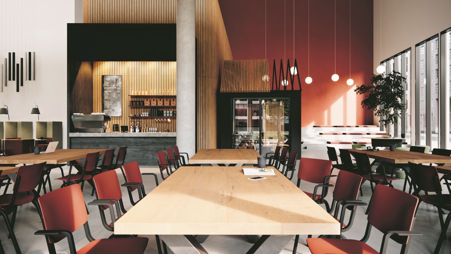 Modernes Café mit Holztischen, bequemen roten Stühlen und minimalistischer Beleuchtung, mit Bar im Hintergrund.